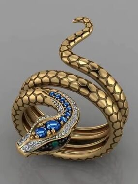 Vintage Style Gold Snake Ring with Blue and White Crystals